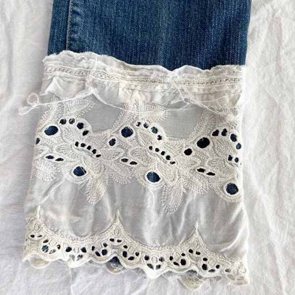 Upcycled One Of A Kind Bleahed Patchwork Jeans Wrangler Size 5/6 32 Boho Western - Picture 5 of 13